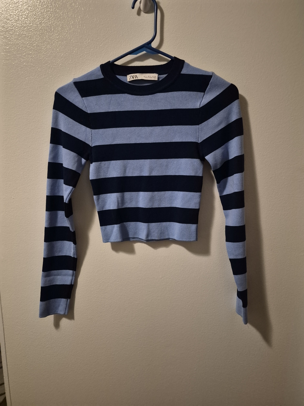 Zara Blue and Navy Striped Long-Sleeve Crop Top